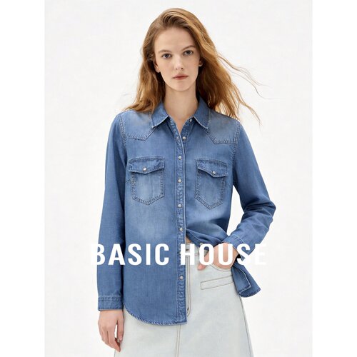 Basic House/百家好复古牛仔风翻领长袖衬衫女宽松百搭显瘦衬衣