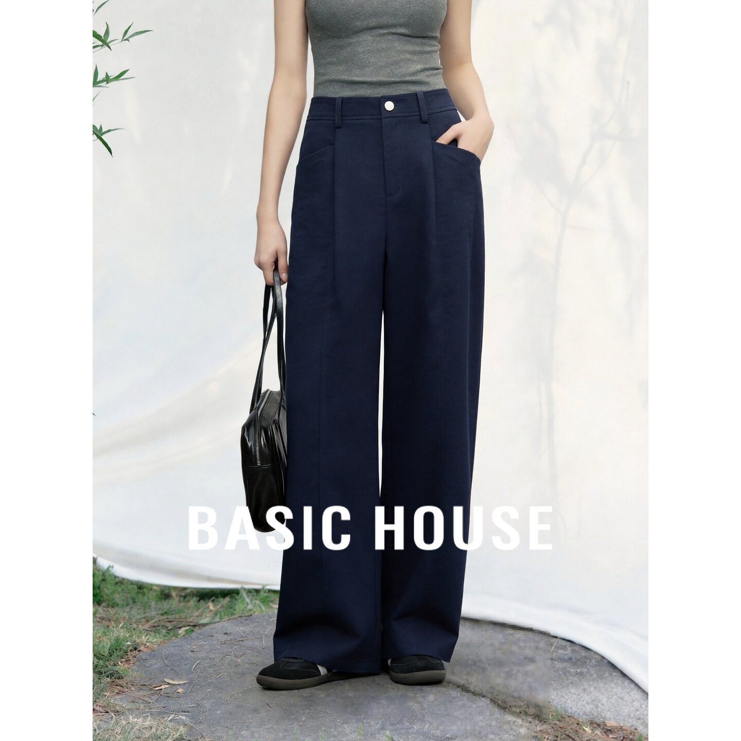 Basic House/百家好通勤风阔腿裤女深蓝色宽松休闲裤显瘦百搭夏季