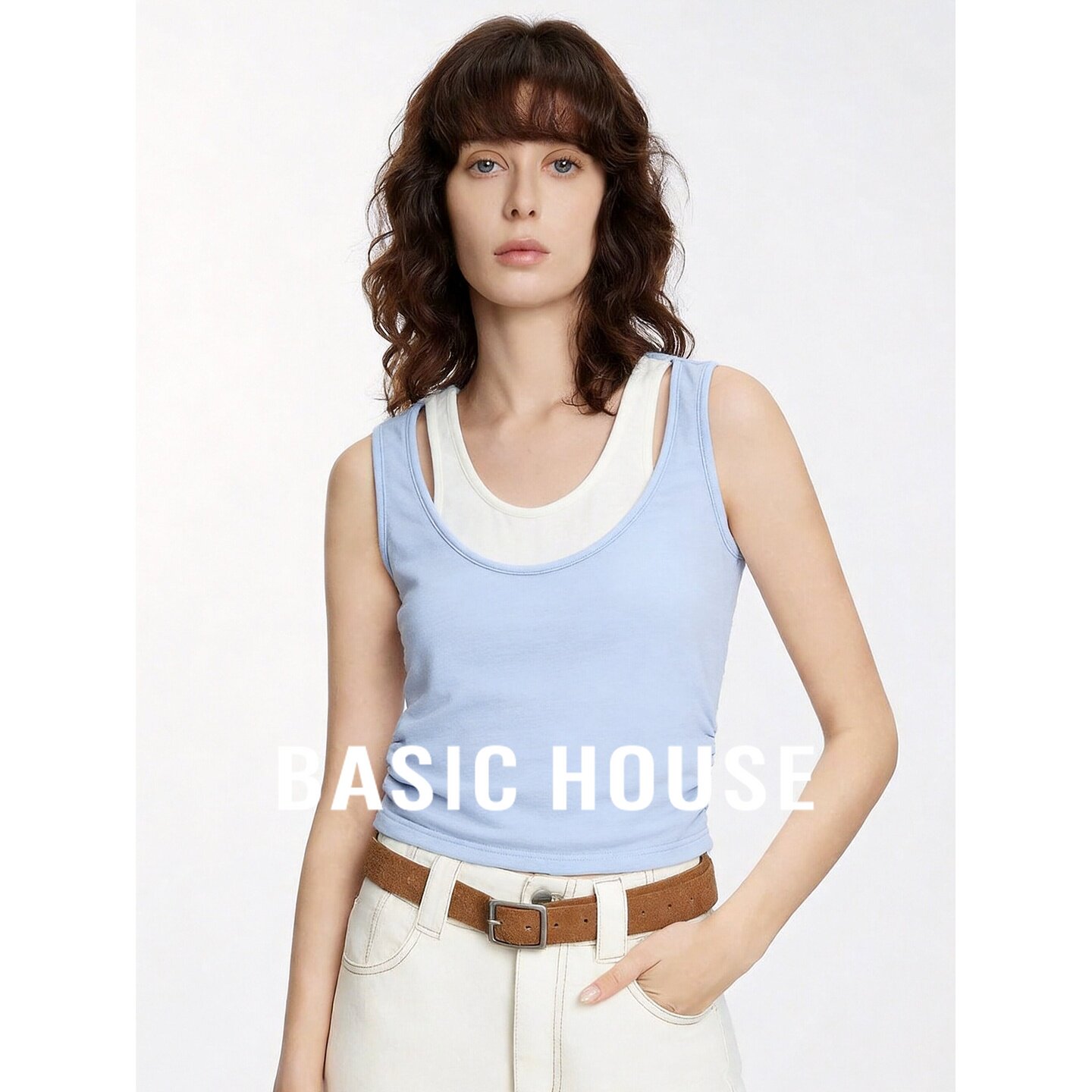 Basic House/百家好撞色假两件吊带背心女夏蓝色百搭修身套头背心