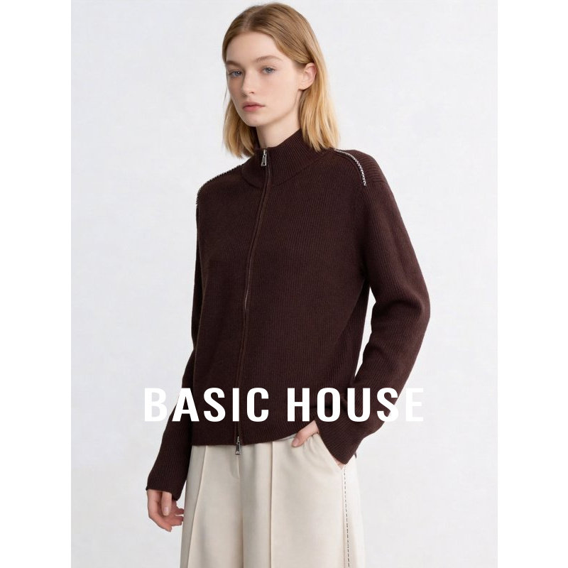 Basic House/百家好立领螺纹羊毛混纺修身短款女拉链针织开衫外套
