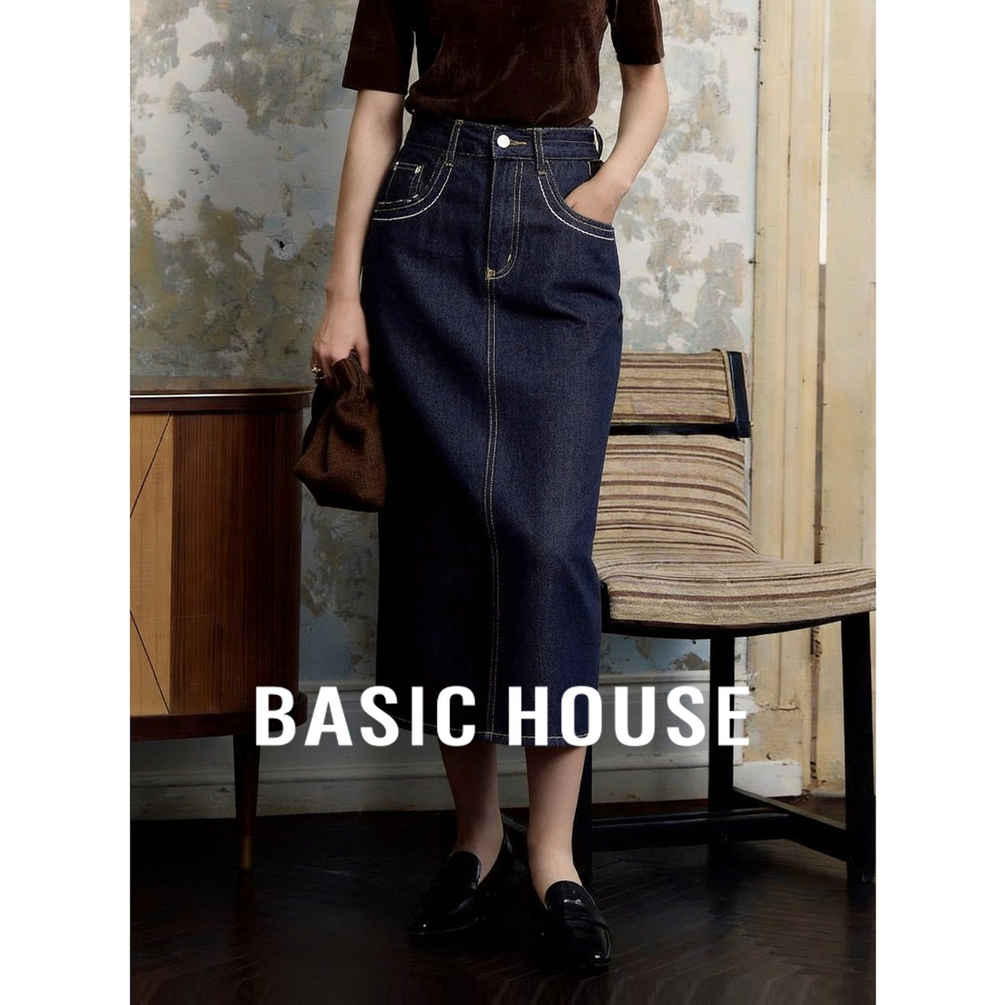Basic House/百家好复古牛仔半身裙女中长款A字显瘦开衩裙子