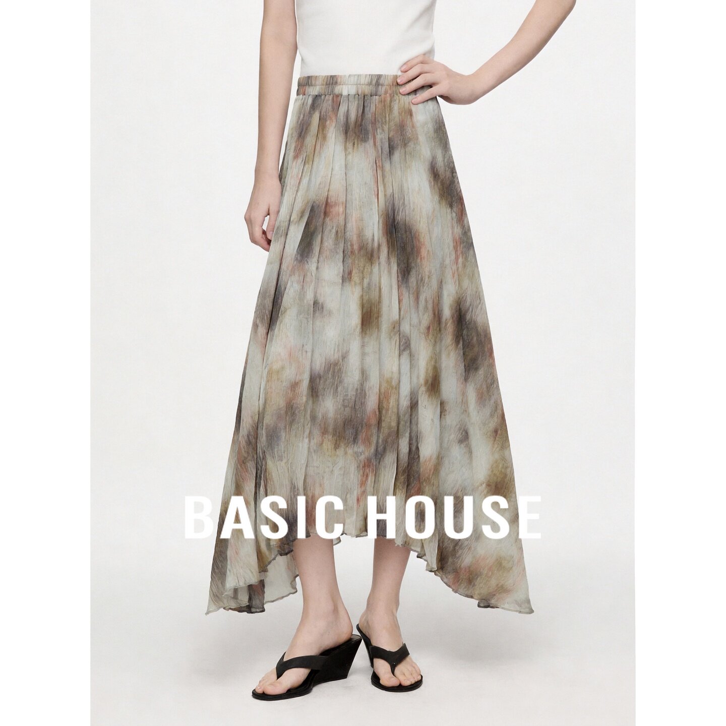 Basic House/百家好扎染雪纺半身裙女高腰A字裙韩版夏秋通勤约会