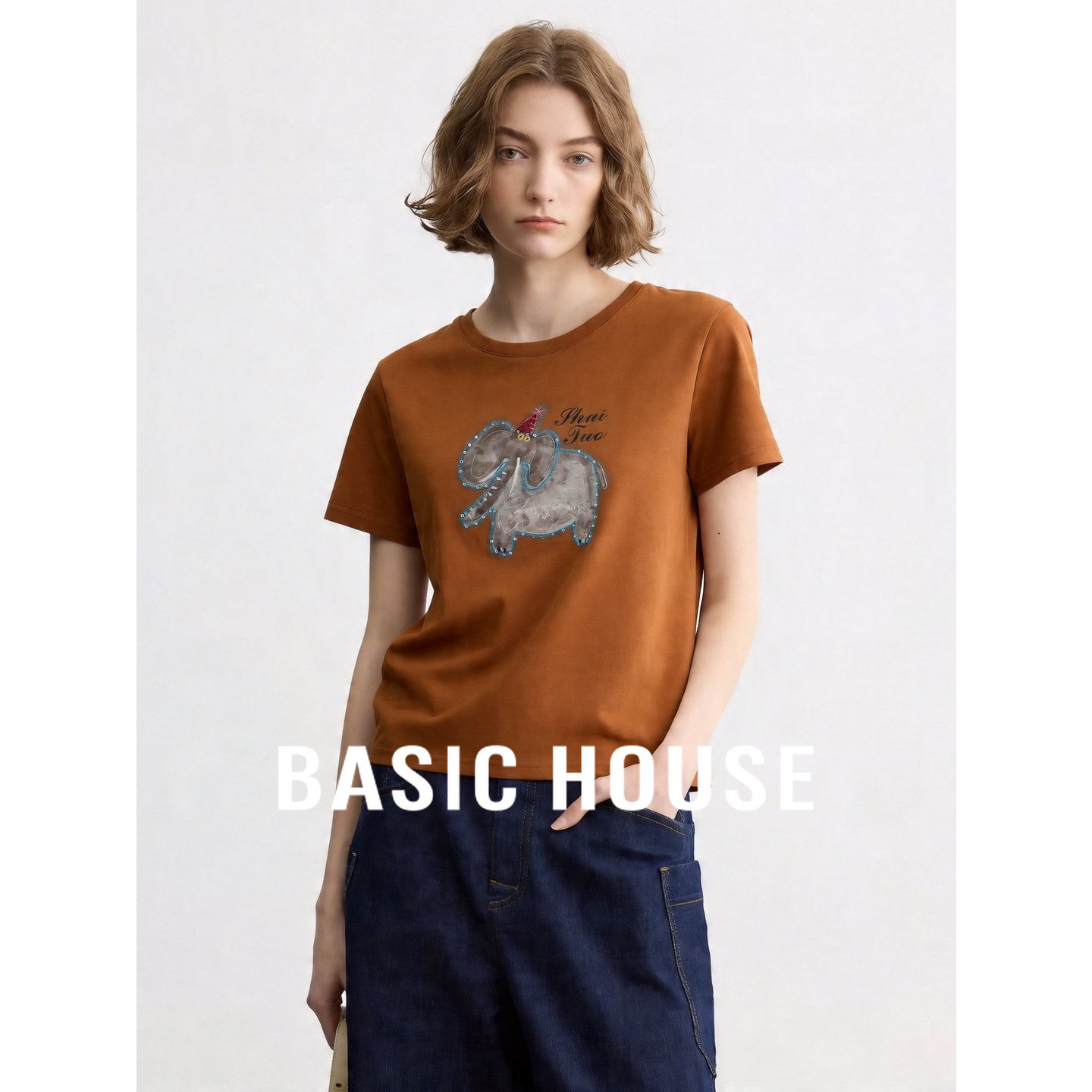 Basic House/百家好橘黄显白正肩短袖T恤女夏季圆领宽松显瘦上衣