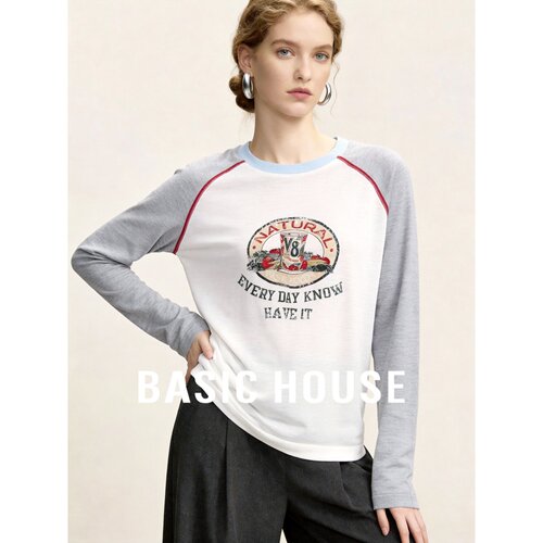 Basic House/百家好美式撞色拼接印花针织衫女长袖圆领插肩袖上衣