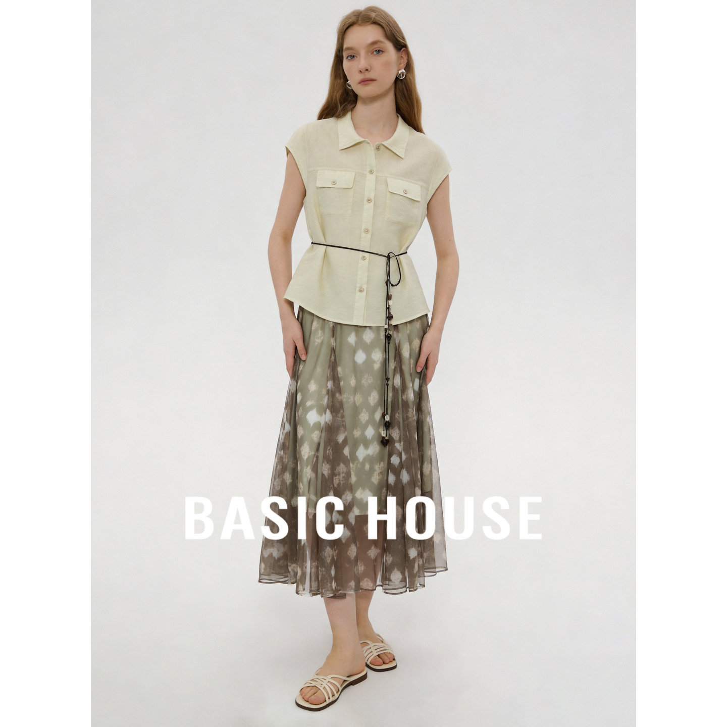 Basic House/百家好新款莱赛尔无袖衬衫格子半身裙两件套显瘦穿搭