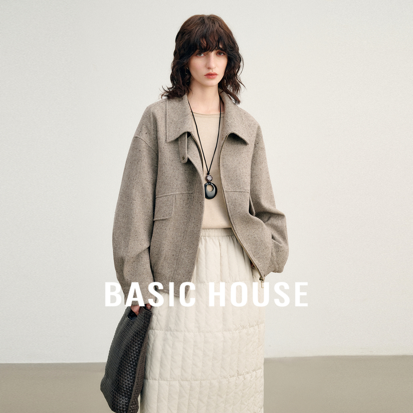 Basic House/百家好复古巴恩风翻领短款外套时髦绵羊毛拉链上衣女