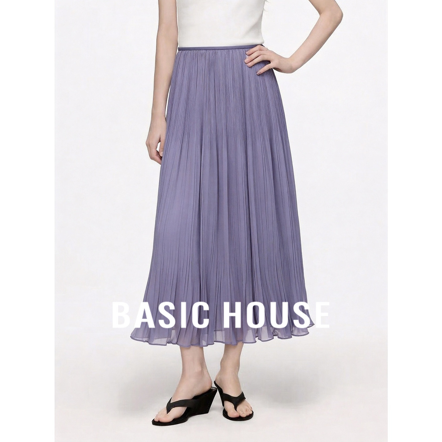 Basic House/百家好优雅气质紫色百褶半身裙高腰显瘦中长款A字裙