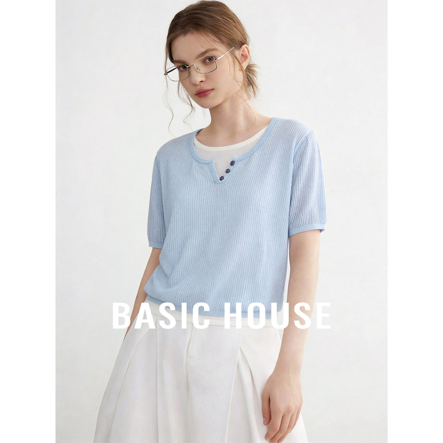 Basic House/百家好莱赛尔亚麻拼接撞色假两件短袖宽松针织衫上衣