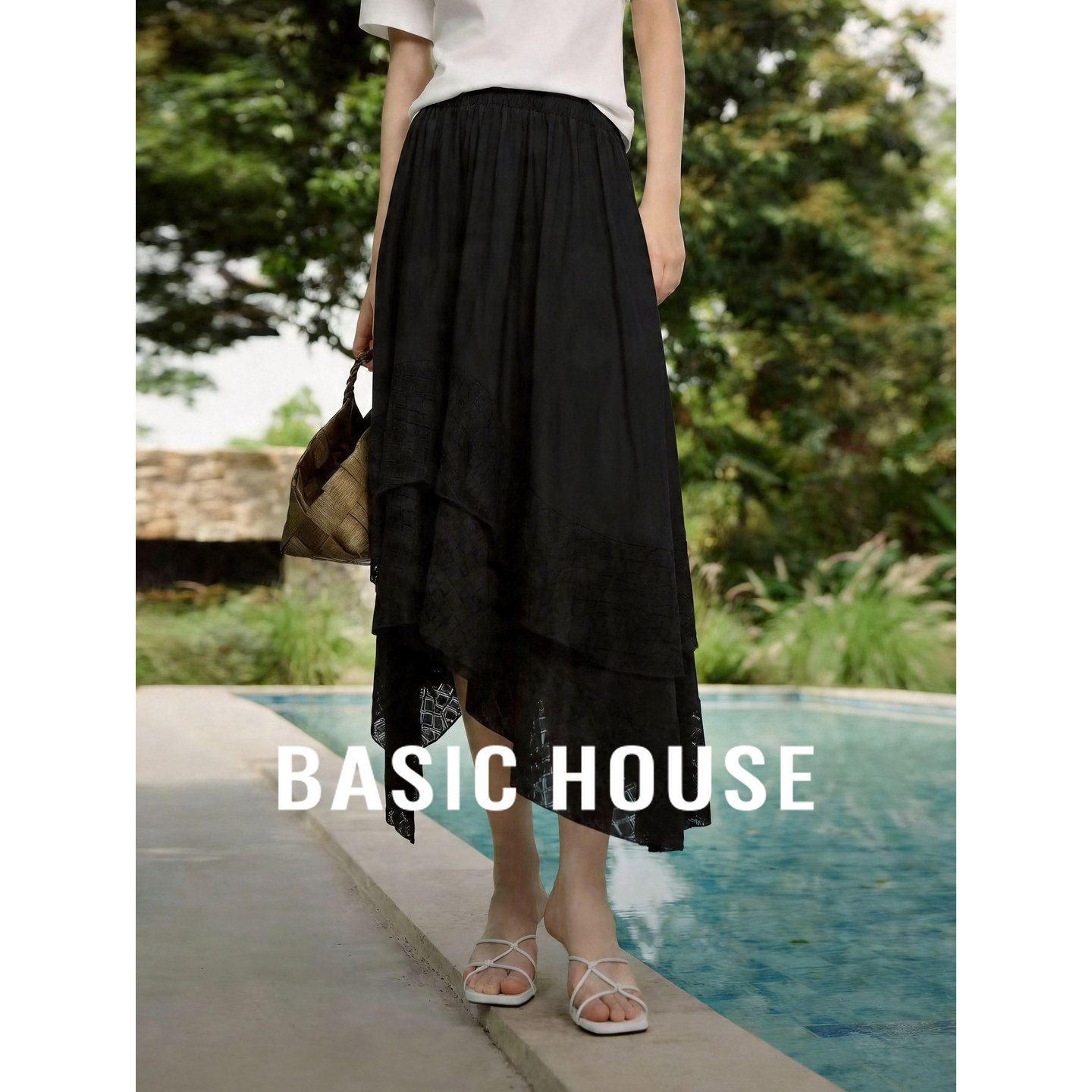 Basic House/百家好黑色不规则简约半身长裙女夏季高腰显瘦蛋糕裙