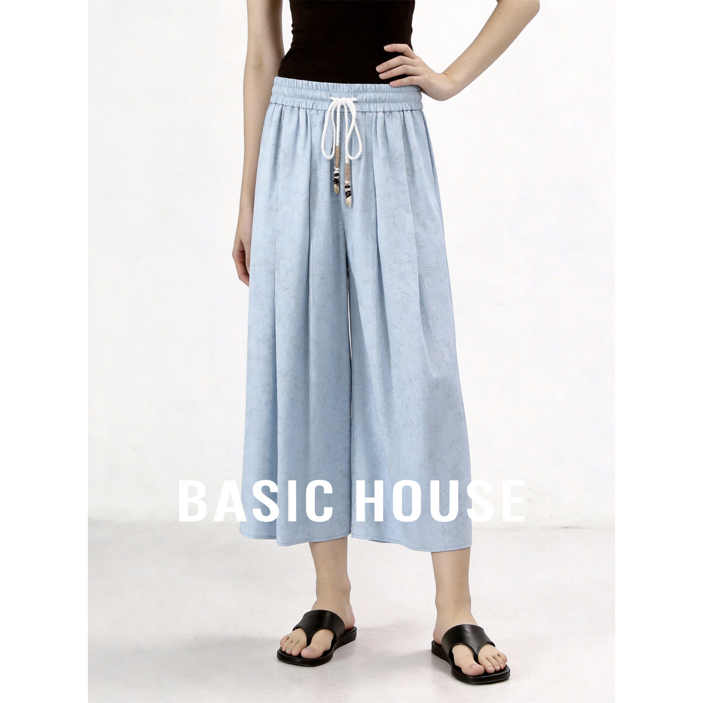 Basic House/百家好复古松紧腰阔腿休闲裤女2026新款宽松抽绳裙裤