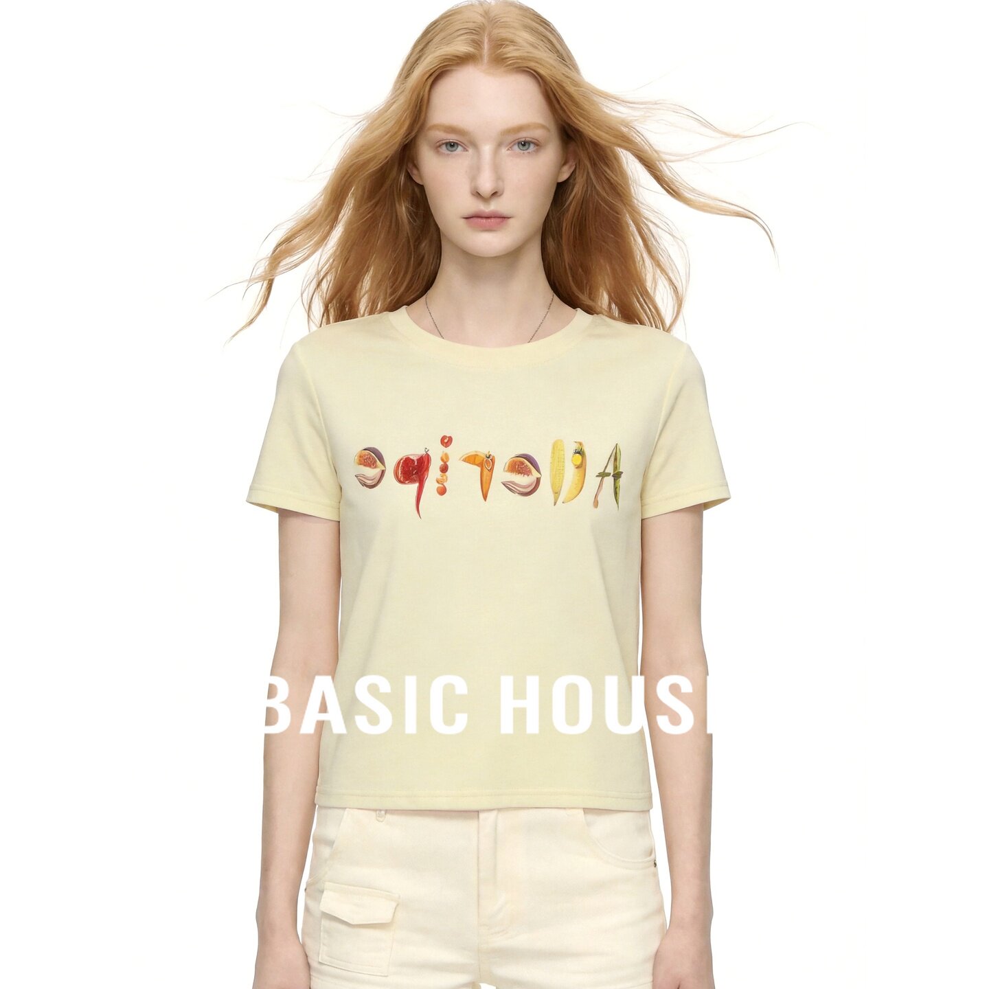 Basic House/百家好黄色印花立体挂坠短袖休闲风时尚百搭T恤夏季