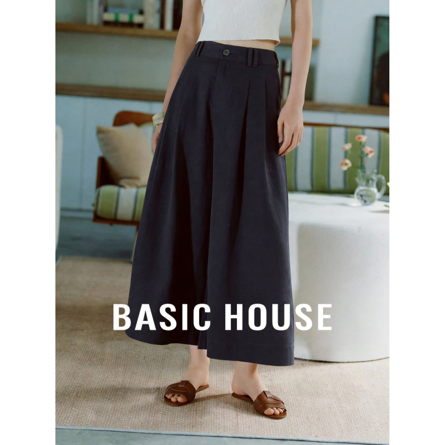 Basic House/百家好黑色中高腰阔腿裙裤女夏2026新款显瘦九分裤子