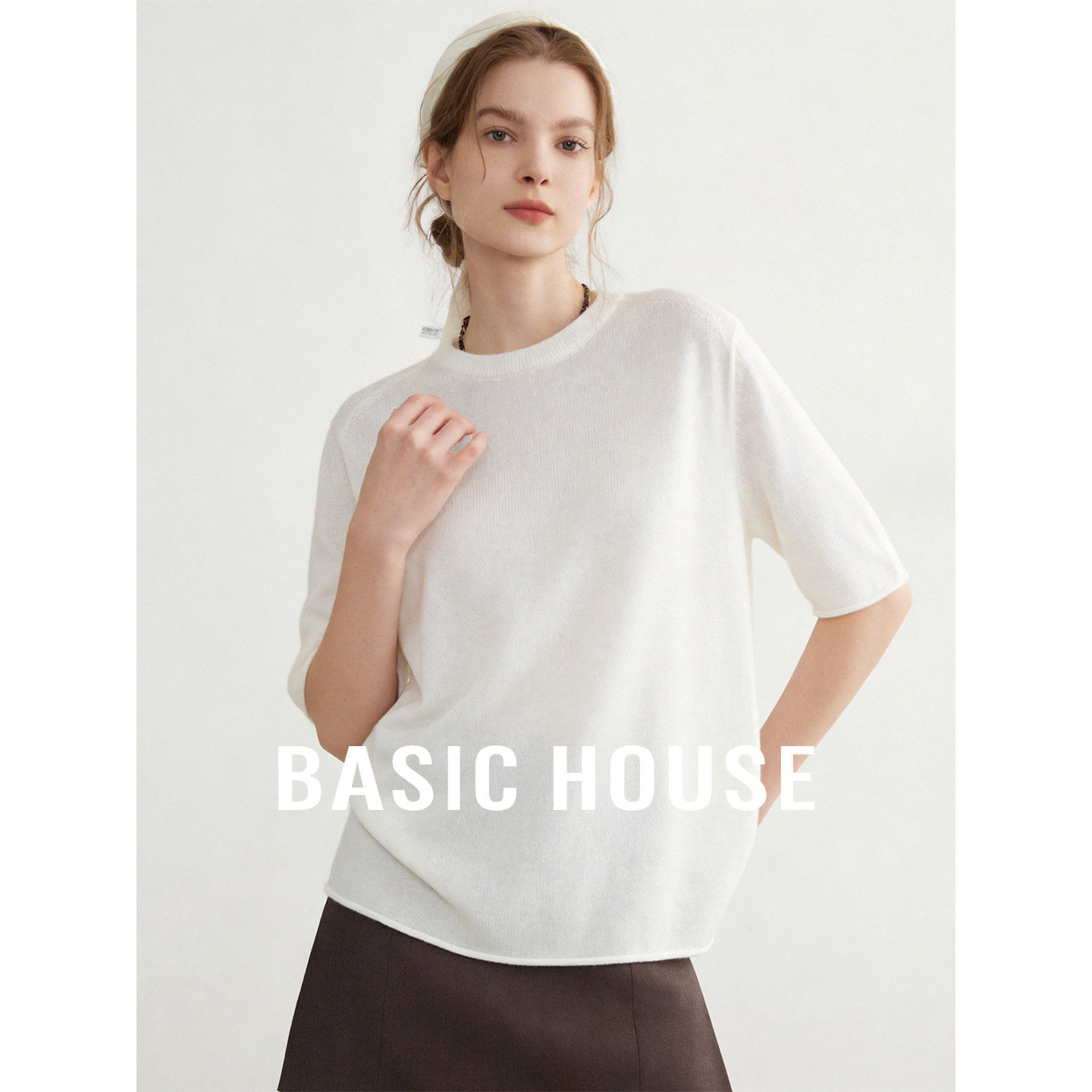 Basic House/百家好纯色圆领短袖针织衫新款百搭宽松套头内搭打底