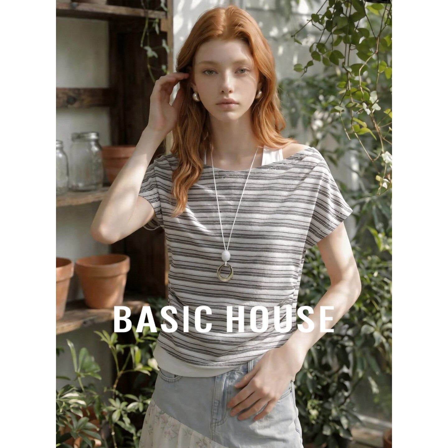 Basic House/百家好莱赛尔假两件条纹短袖T恤女夏季收腰显瘦上衣