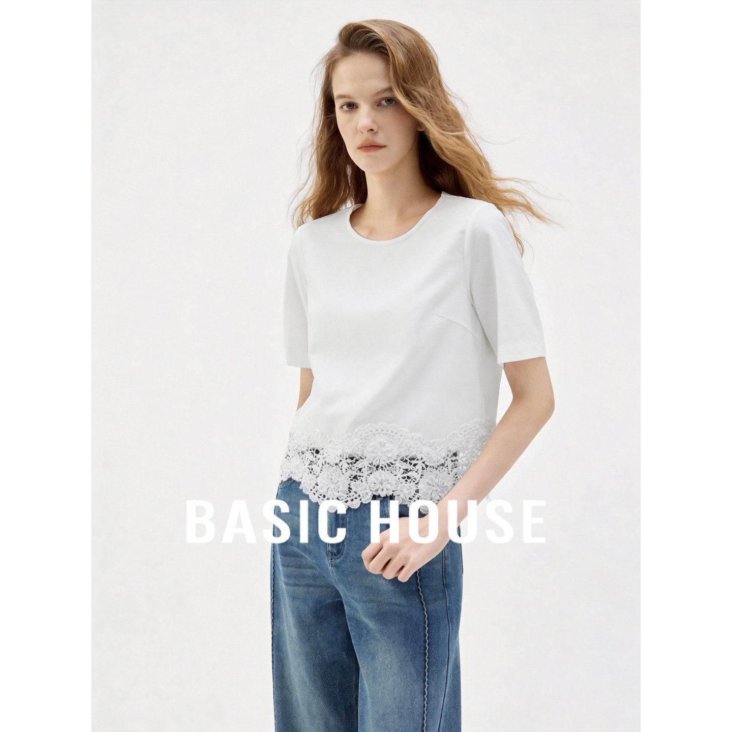 Basic House/百家好白色短袖蕾丝拼接上衣女显瘦百搭气质浪漫衬衫