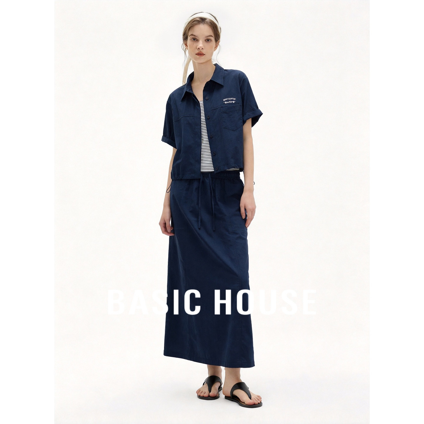 Basic House/百家好休闲通勤套装女夏季短款衬衫高腰直筒裙两件套