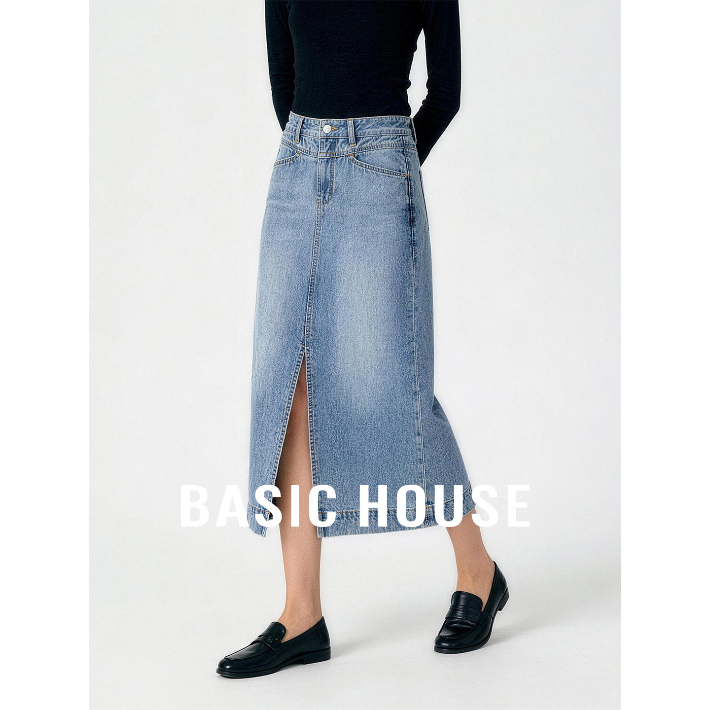 Basic House/百家好高腰纯色直筒半身裙女秋季前开叉设计中长裙