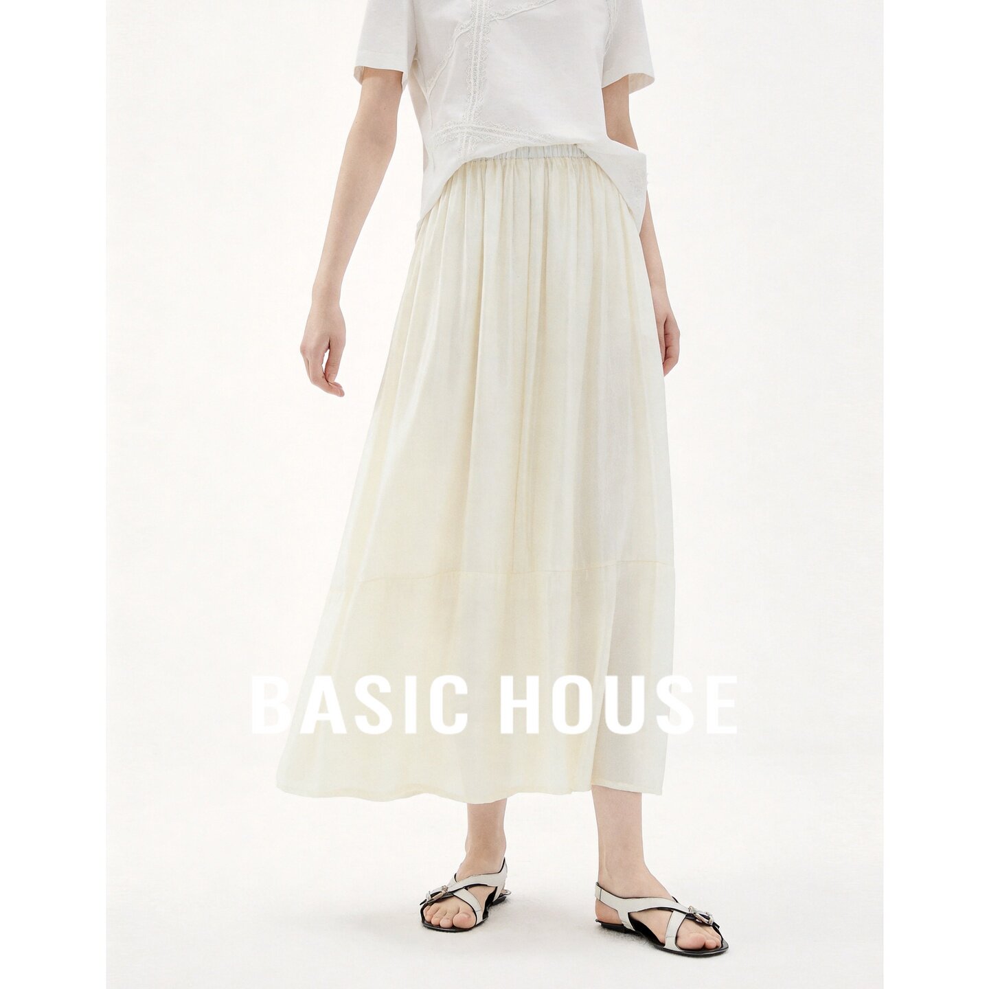 Basic House/百家好莫代尔优雅半身裙女中长款显瘦宽松米色A字裙