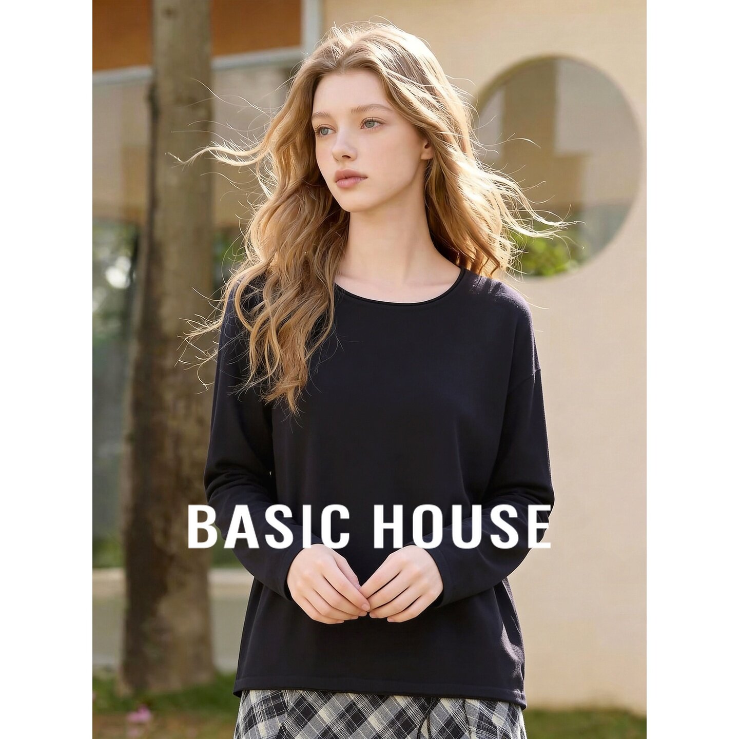 Basic House/百家好羊毛长袖T恤女秋季圆领宽松黑色韩版简约百搭