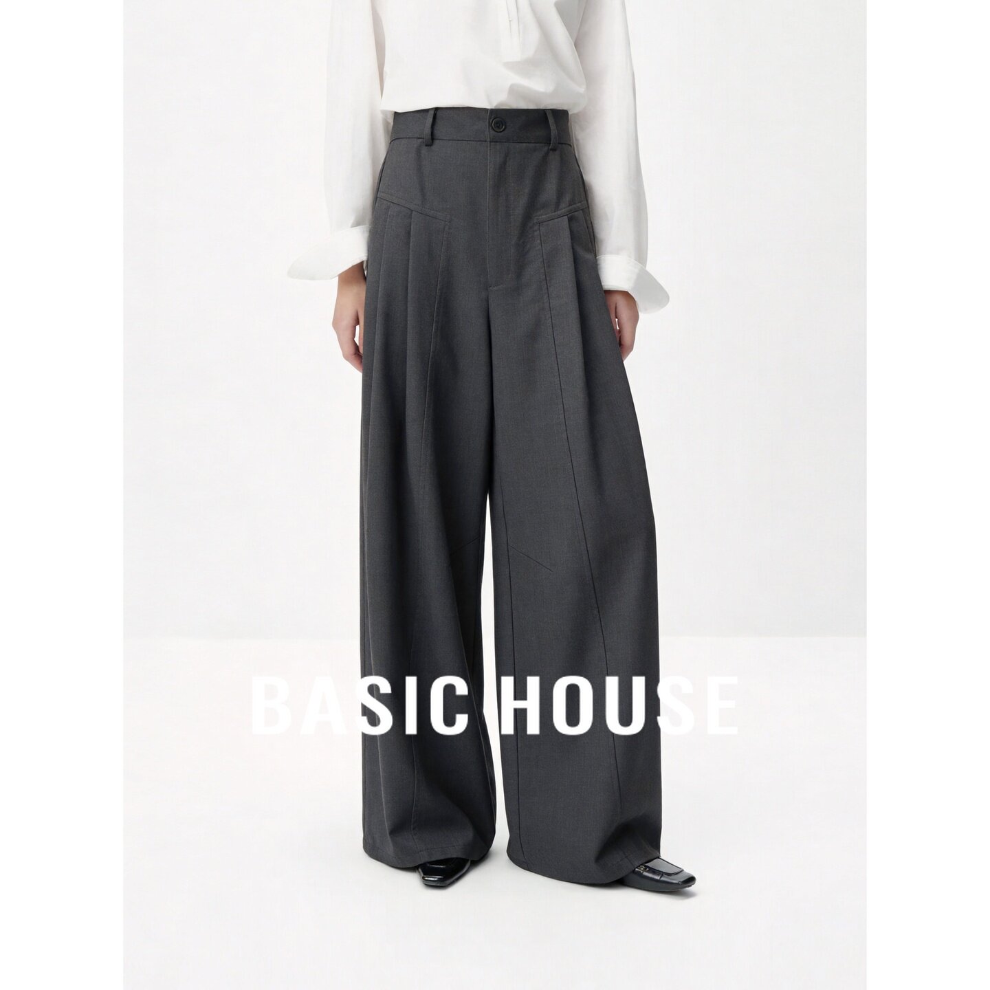 Basic House/百家好莱赛尔深灰色高腰阔腿日常通勤女装西装休闲裤
