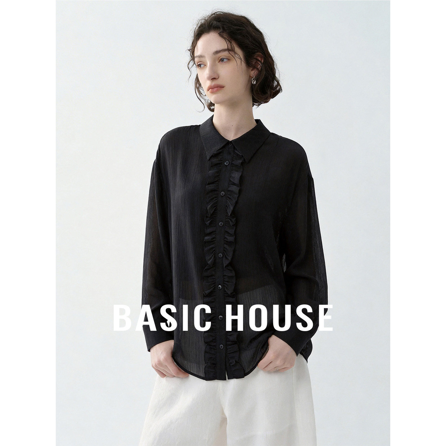 Basic House/百家好纯色翻领拼接长袖衬衫女2026秋季宽松显瘦小衫