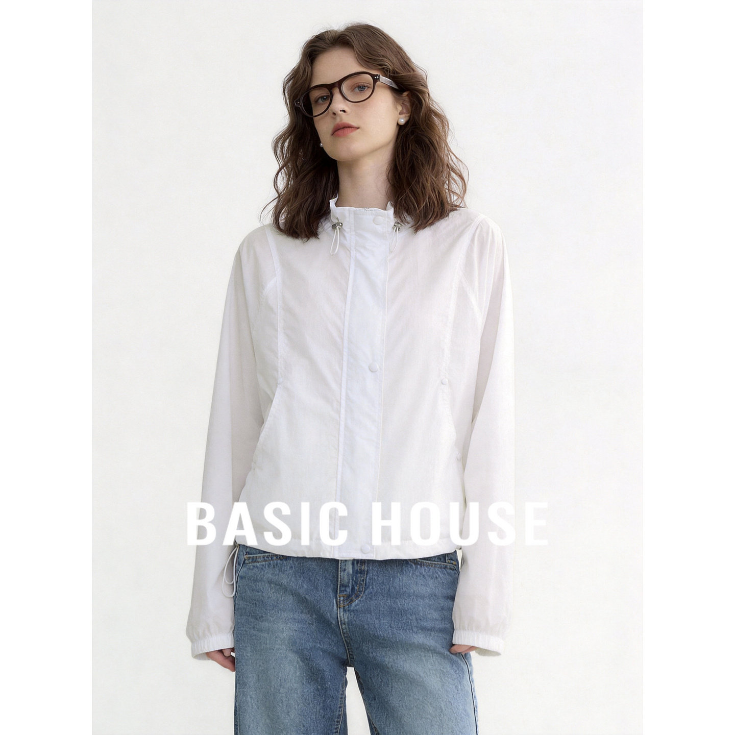 Basic House/百家好休闲风立领抽绳短外套女夏季轻量防晒白色上衣