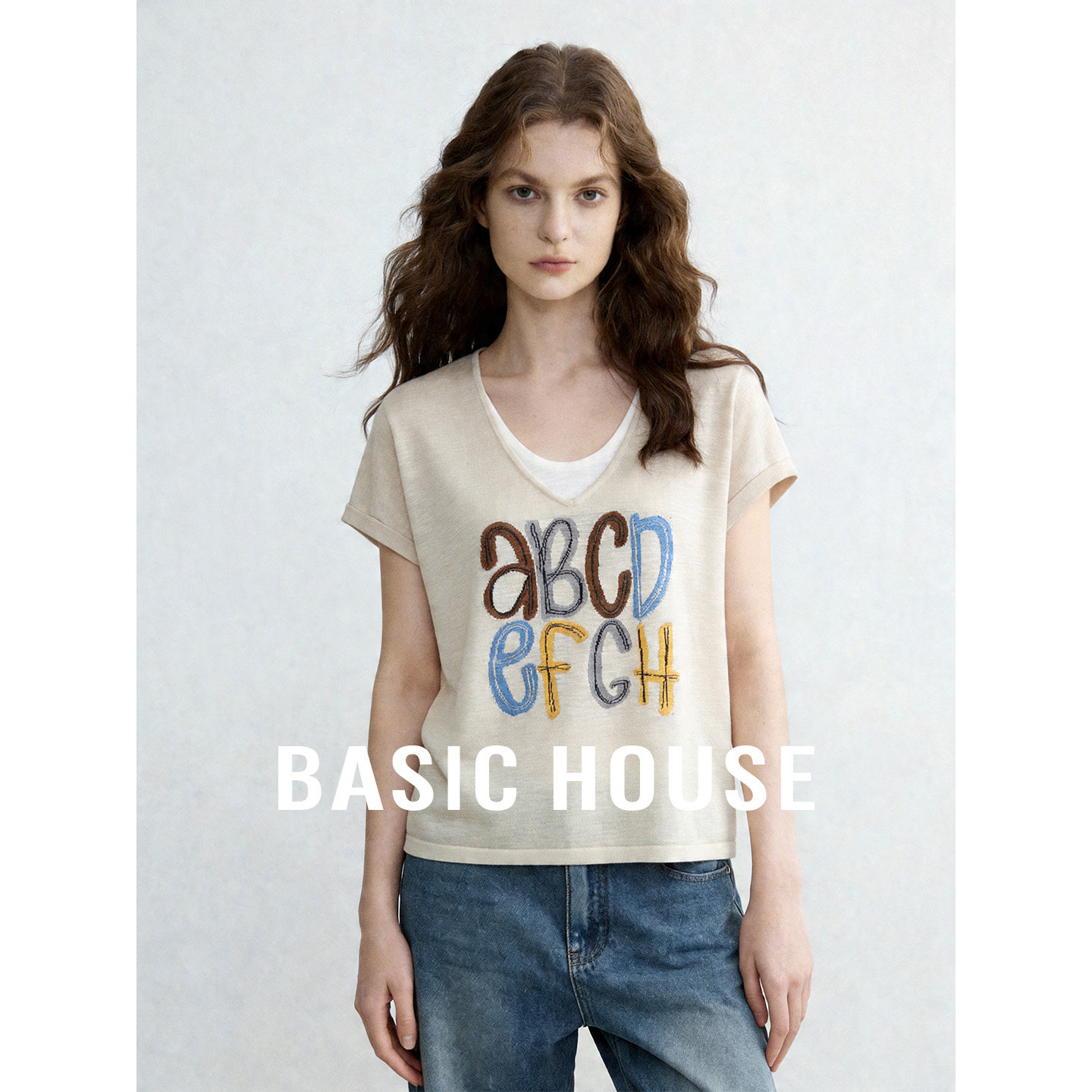 Basic House/百家好假两件短袖针织衫女夏季新款薄款显瘦短款上衣