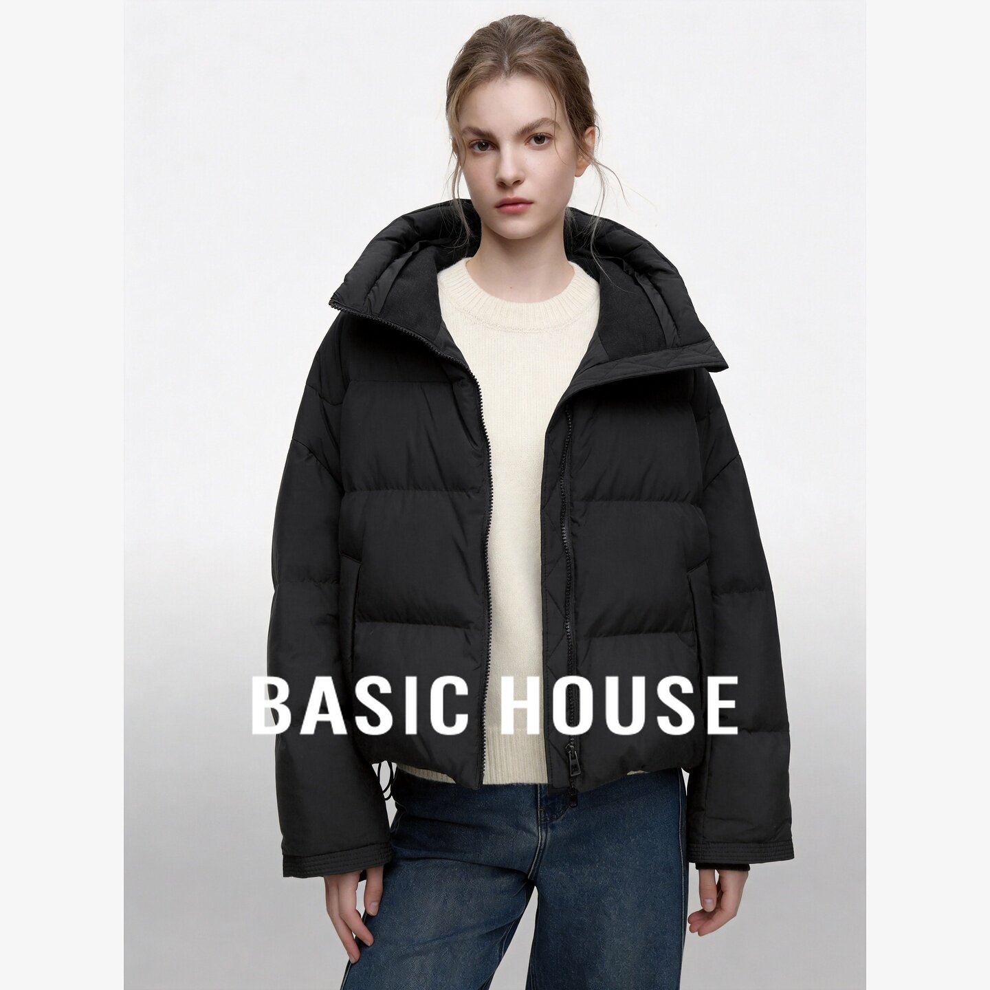 Basic House/百家好连帽高领短款白鸭绒羽绒服宽松防风保暖面包服