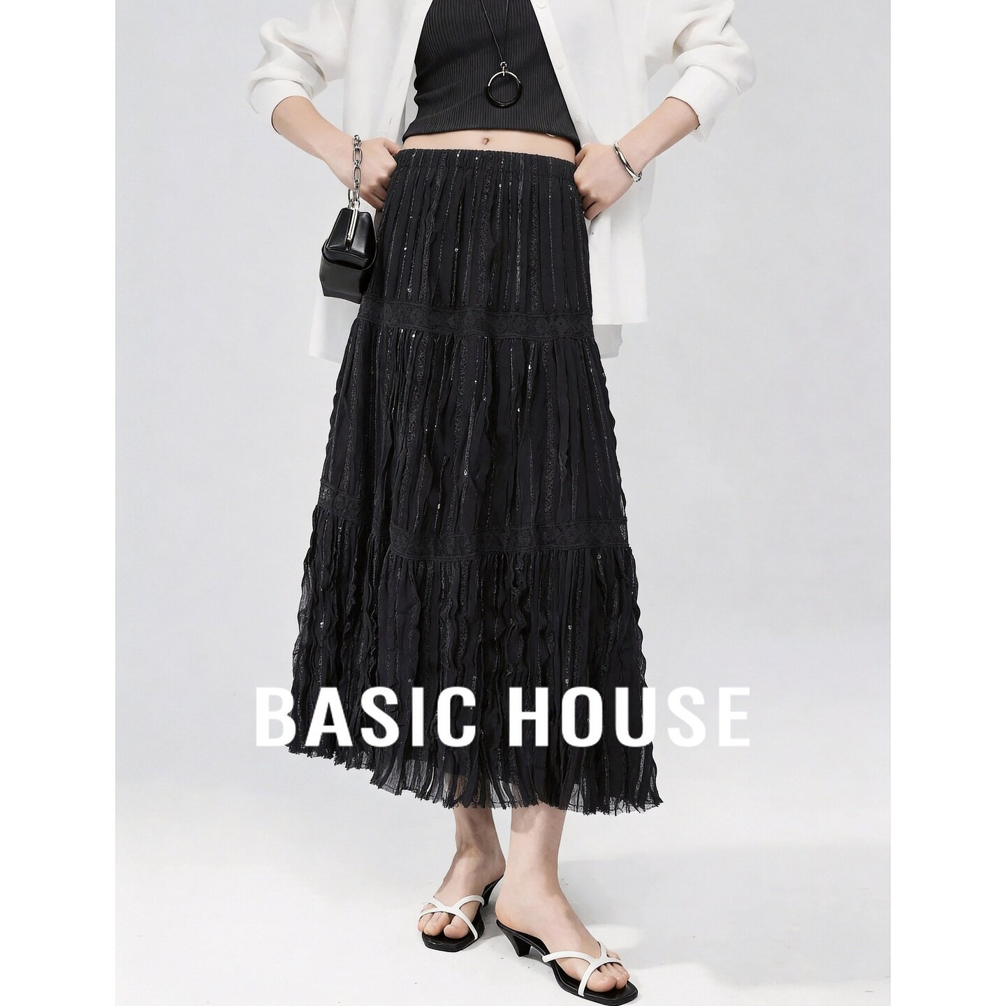 Basic House/百家好黑色蕾丝拼接蛋糕裙女2026夏高腰A字褶皱纱裙