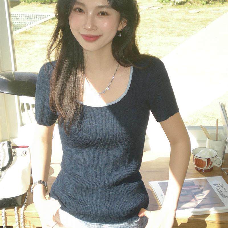 辣妹撞色U领修身短袖针织衫女2026春夏新款韩系时尚绝美内搭上衣