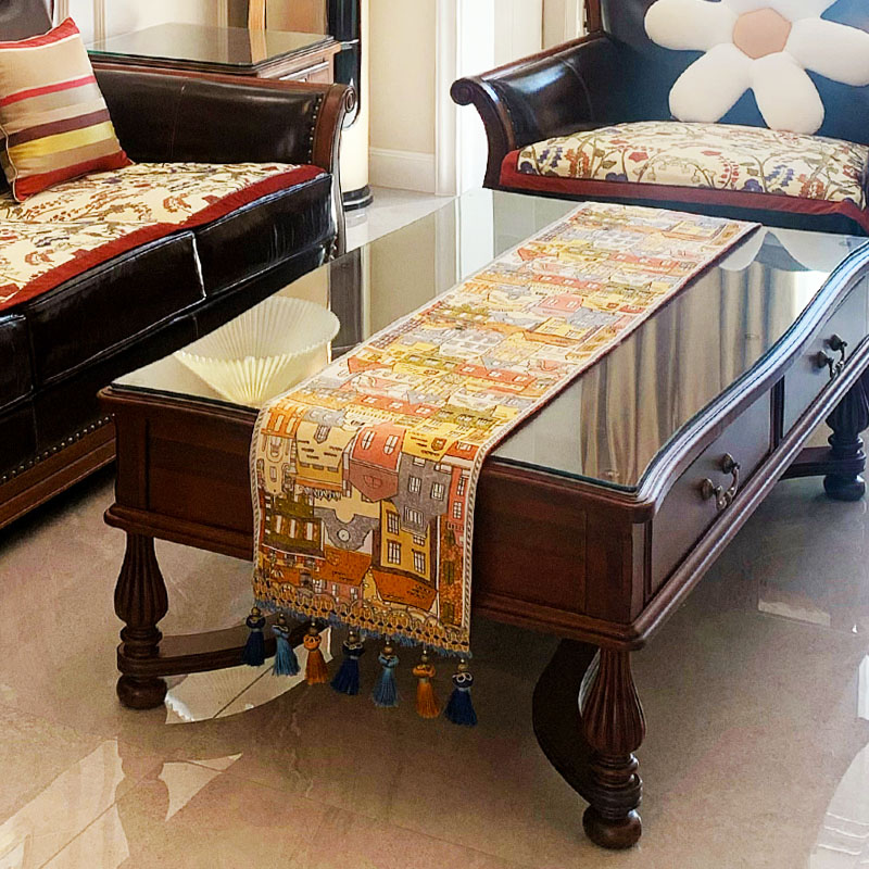 美式小美式简约文艺餐桌桌旗长条桌布布艺双面可用流苏平头密莉娅