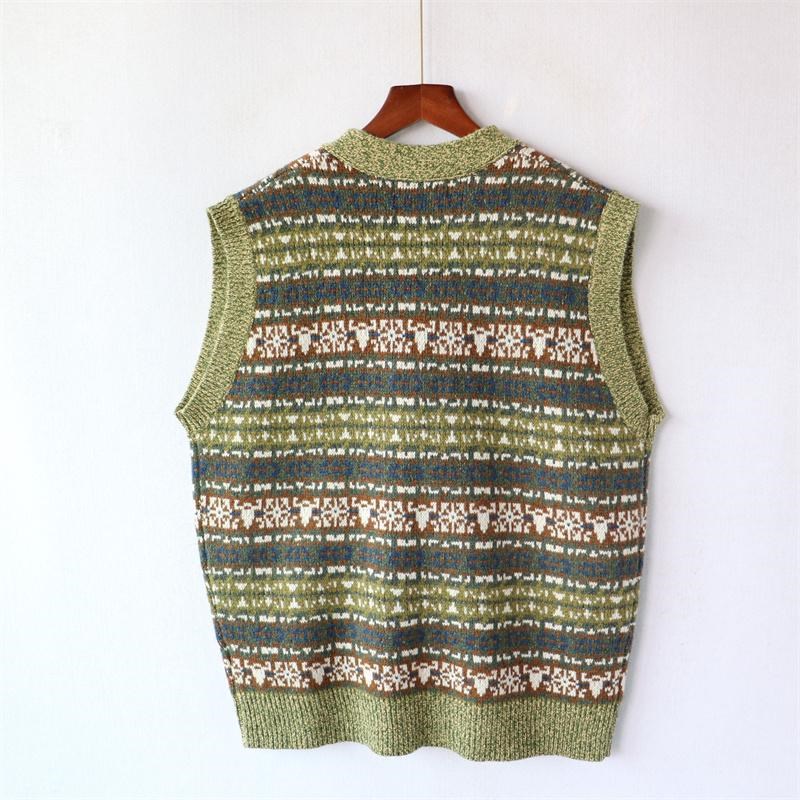 秋冬新款提花条纹男装咔叽复古针织衫V领羊毛加厚保暖单排扣背心