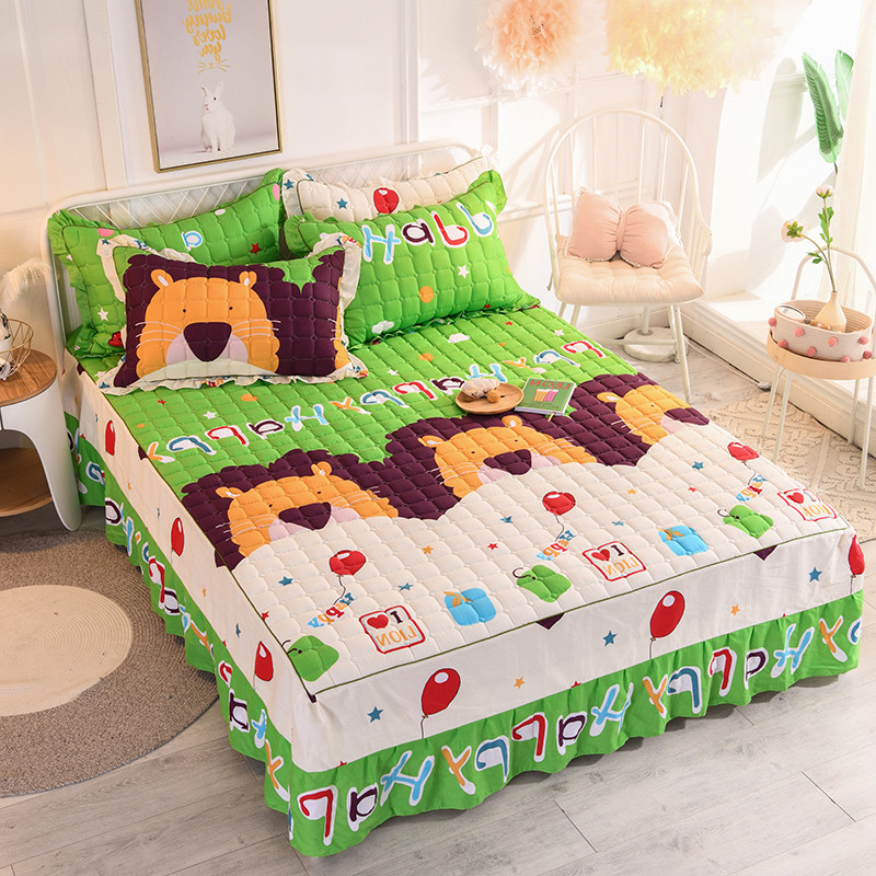 卡通床裙夹棉蓝色加厚纯棉单件儿童男女孩防滑床罩保护套裙式花边