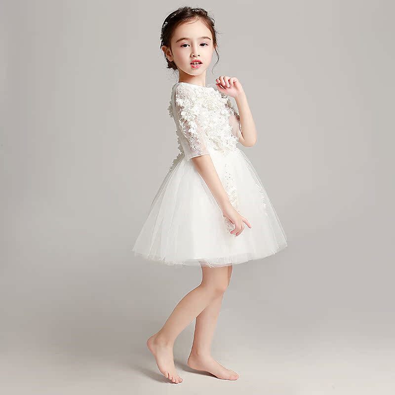 儿童礼服公主裙女童晚礼服婚纱裙中袖绣花朵小花童白冬季新款2018