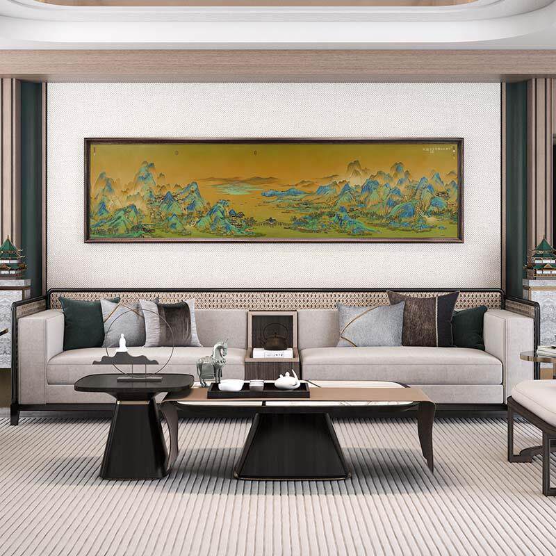 千里江山图挂画客厅沙发背景墙装饰画中式铜画靠山画山水画高级感