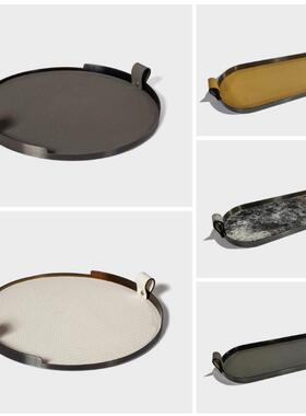 现代简约编织皮革金属马毛椭圆托盘收纳创意摆件桌面茶几样板间