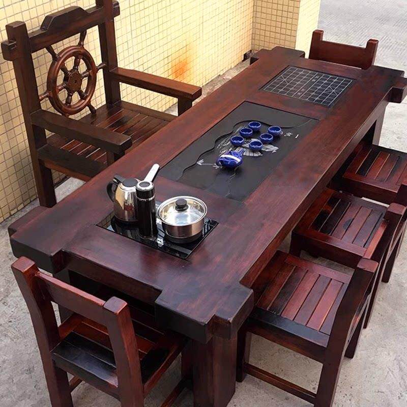 老船木茶桌椅组合1米8实木功夫茶台茶几办公室泡茶桌茶具套组一体