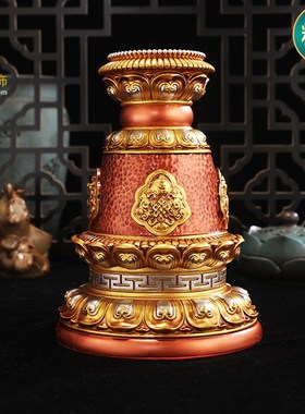 藏式家用八吉祥转轮底座摆件树脂彩绘雕K花手摇底座桌面转筒底座