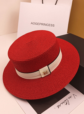 法式平顶草帽女红色防晒遮阳帽时尚英伦礼帽遮阳帽女款帽子