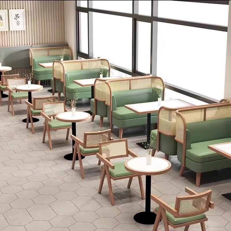 定制新中式主题饭店西餐厅火锅桌椅组合商用实木编藤餐饮卡座沙发