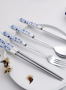中式中国风青花瓷陶瓷不锈钢餐具套装高档礼品勺叉刀筷子中国结