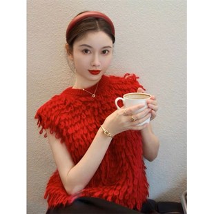 高级感无袖红色h羽毛针织衫背心上衣春季气质宽松显瘦圆领套头马