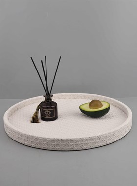 现代简约木质皮革藤格纹托盘摆件客厅卧室玄关茶几电视柜家居饰品