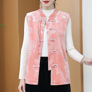 春秋新款女中式盘j扣马甲背心外套妈妈装K复古国风提花坎肩马夹上