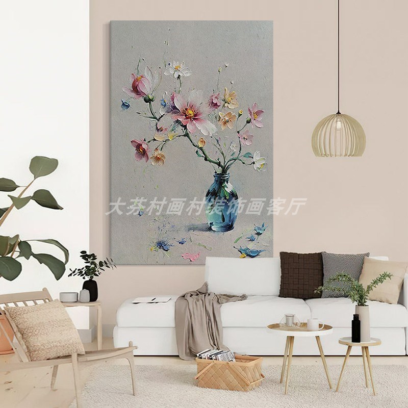 牡丹花手绘油画玄关抽象艺术肌理装饰壁画L客厅新中式原木国风挂图片