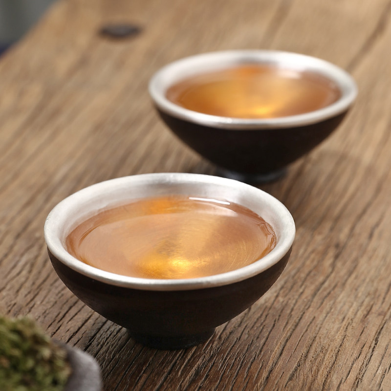 纯银999银茶杯日式茶杯瓷包银茶杯粗陶品茗杯主人杯小茶杯银杯子