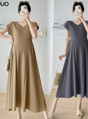 孕妇装夏天裙子中长款过膝显瘦V领长裙大码宽松夏季新款连衣裙女