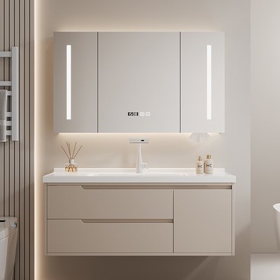 新款奶油风防水浴室柜一体陶瓷盆洗脸盆卫生间洗漱池简约实木智能