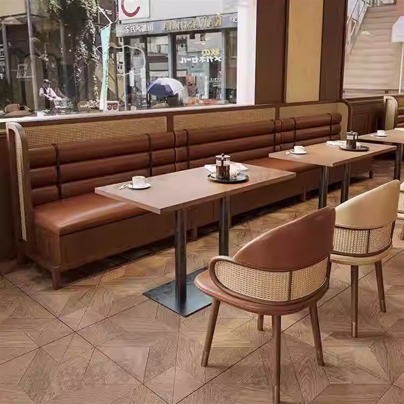 茶楼实木卡座餐厅桌椅组合中式复古藤编火锅店日料弧形靠墙椅定制