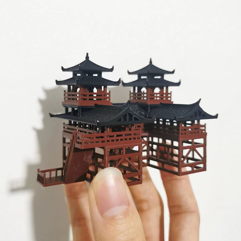 中式古建筑流水连廊桥假山造景小水陆鱼缸鱼池盆景植物微景观